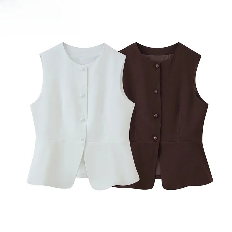 

ZBZR Spring New Women's Suit Vest round Ne Slim Fit Two Colors Commute Versatile Design Polyester Fiber 00% Single Button