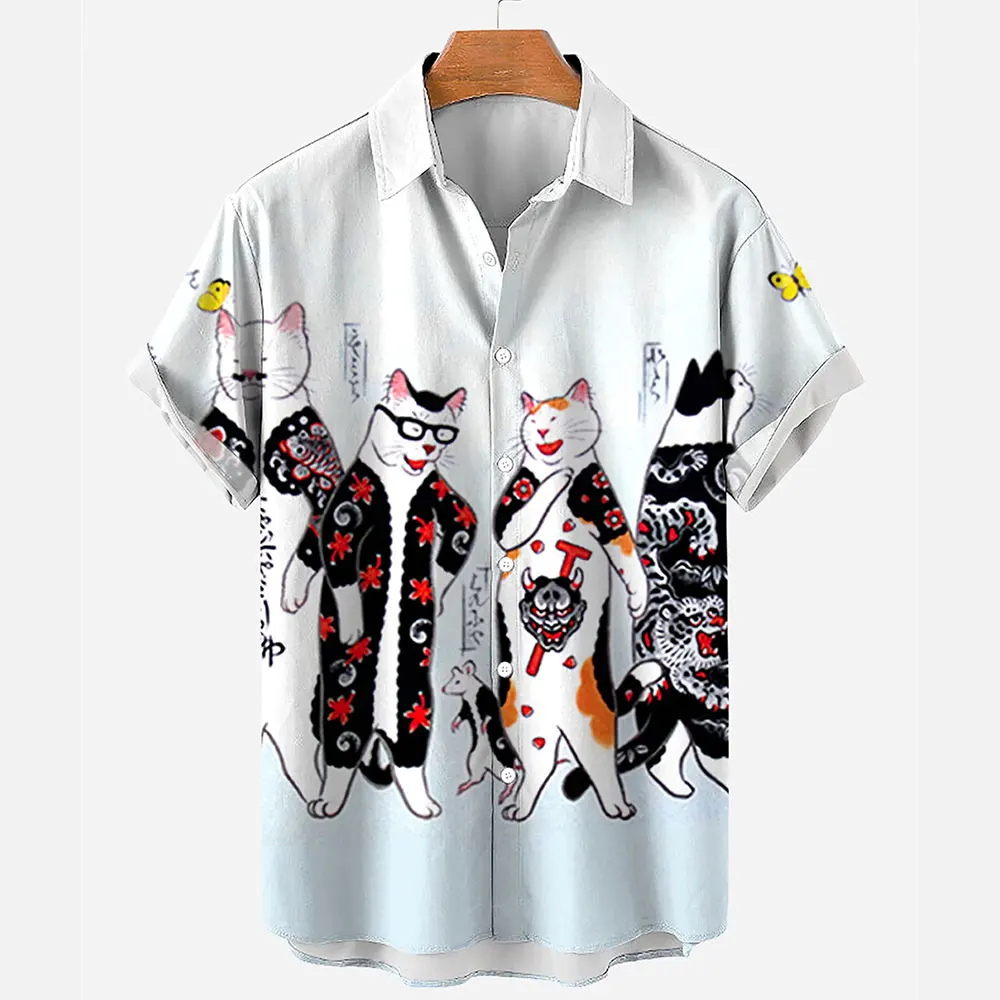 Cartoon animal cat print men\'s shirts Summer anime vintage clothing lapel Hawaiian beach shirt Men\'s casual short sleeved tops