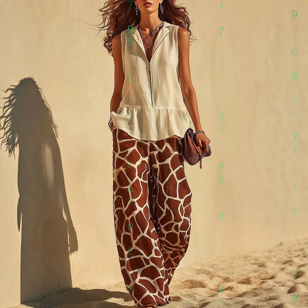 

2026 Women's Casual Matching Set Sleeveless Zipper Animal Print Wide Leg Pants Jumpsuit Playsuit