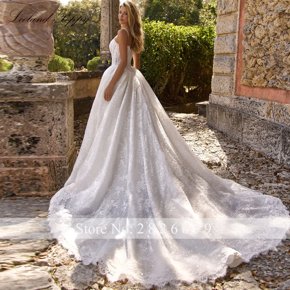 Lceland Poppy Customized A Line Square Neck Lace Wedding Dresses Sleeveless Illusion Bridal Gowns with Chapel Train