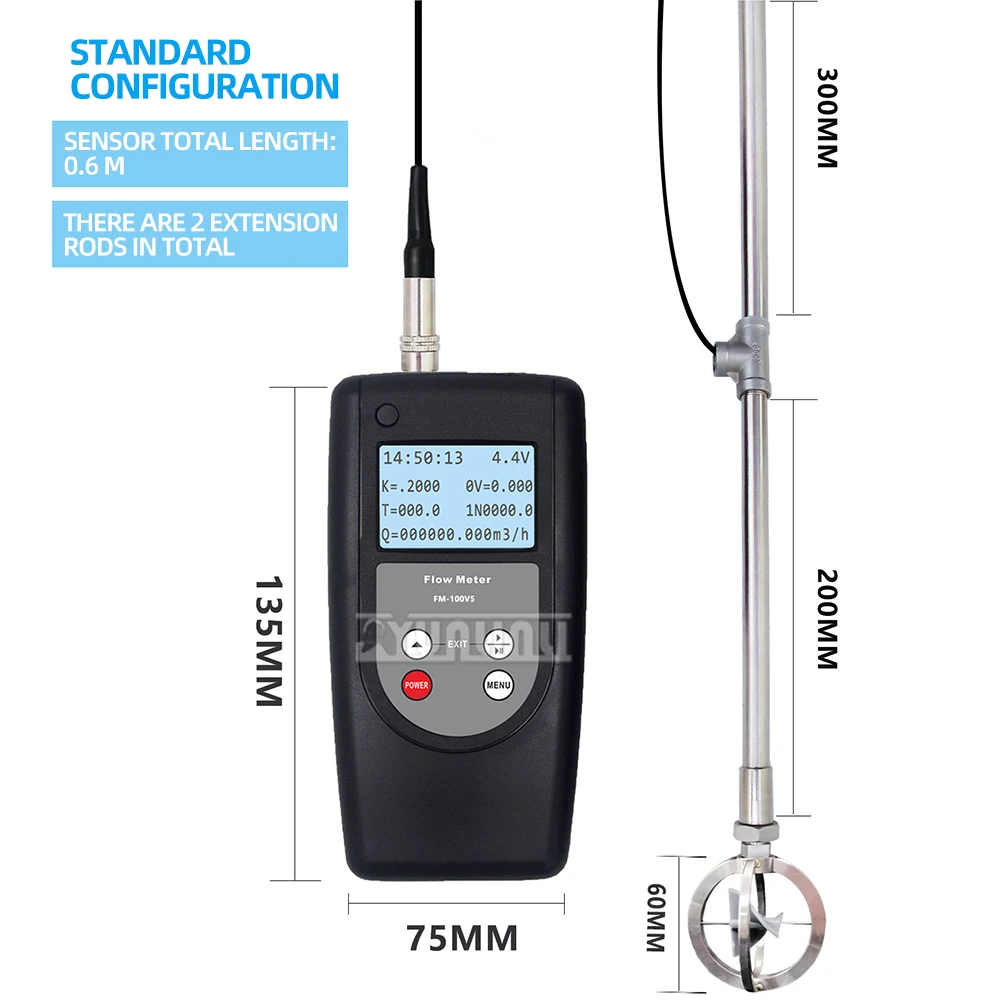 0.01-5.00m/s 0.01-10.00m/s Flow Meter, Handheld Portable Propeller Type Water Flow Velocity Tester Fm-100v5