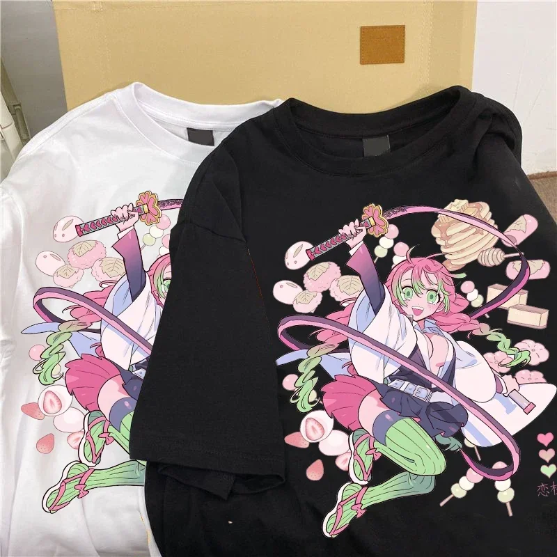 Streetwear Print Loose Tops Black T-shirt Women Anime Cartoon T Shirt Demon Slayer Kanroji Mitsuri Yaiba Prints Clothes