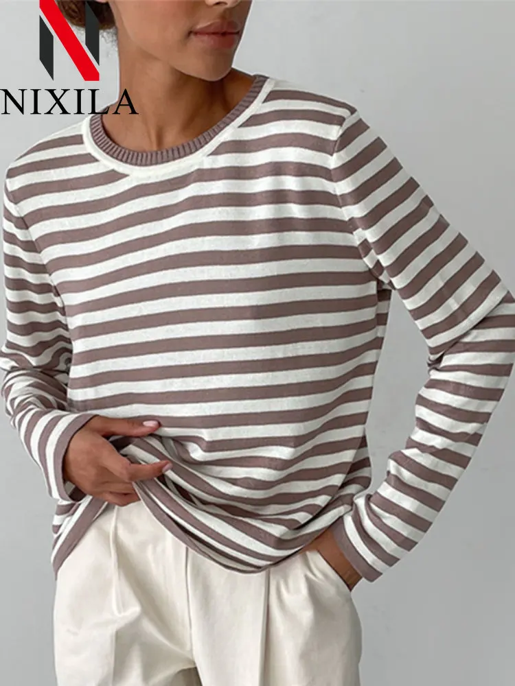 

New Autumn Winter Women's Pullover Crewneck Knit Striped Long Sleeve Tops Fashionable Elegant Sweater Women Loose Casual Clothes