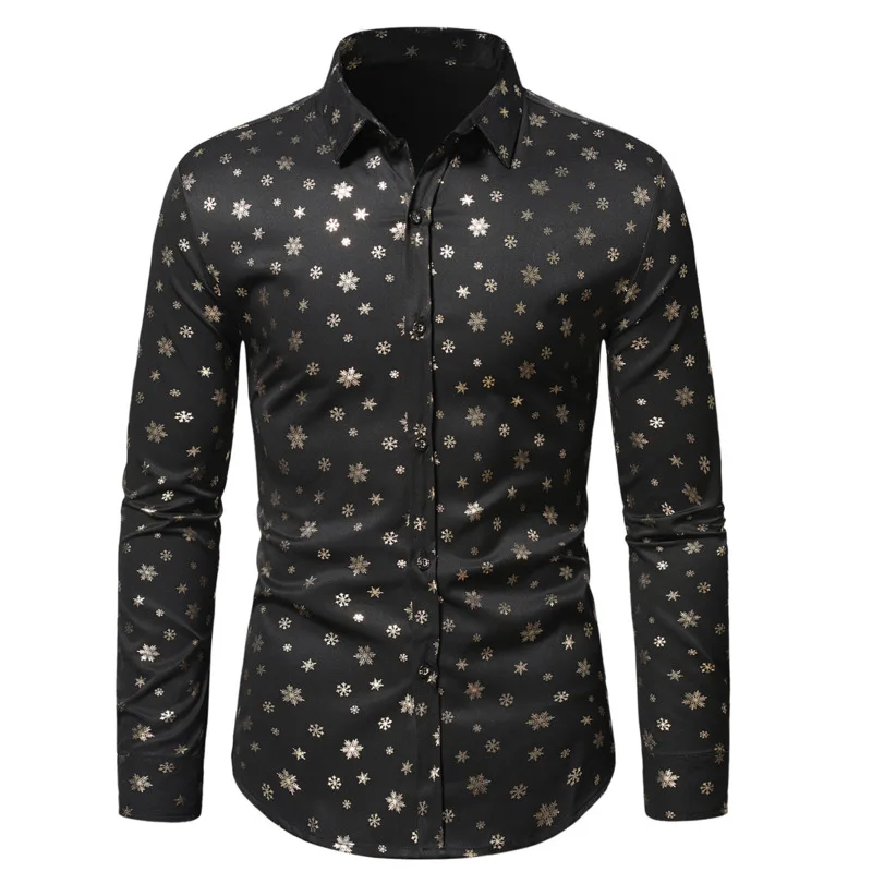 

#4645 Black White Snowflake Printed Shirt Men Long Sleeve Man Shirts Regular Fit High Quality Korean Fashion Mens Dress Shirts