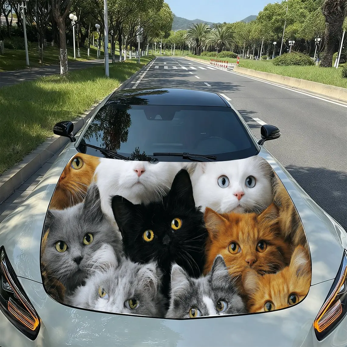 

Cute Cat Group Lovely Creative PVC Car Hood Wraps, Self-Adhesive Waterproof Car Bonnet Decal Sticker, Car Decoration Protection