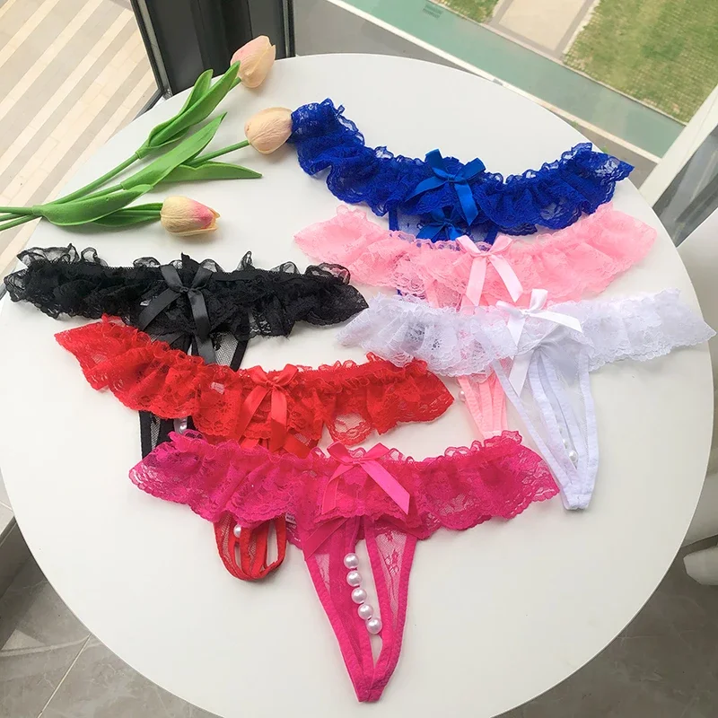 Sexy Lace Women Underwear Opening Crotch Pearls Massage Thong G-String Transparent Panties Female Low-waist Crotchless Briefs