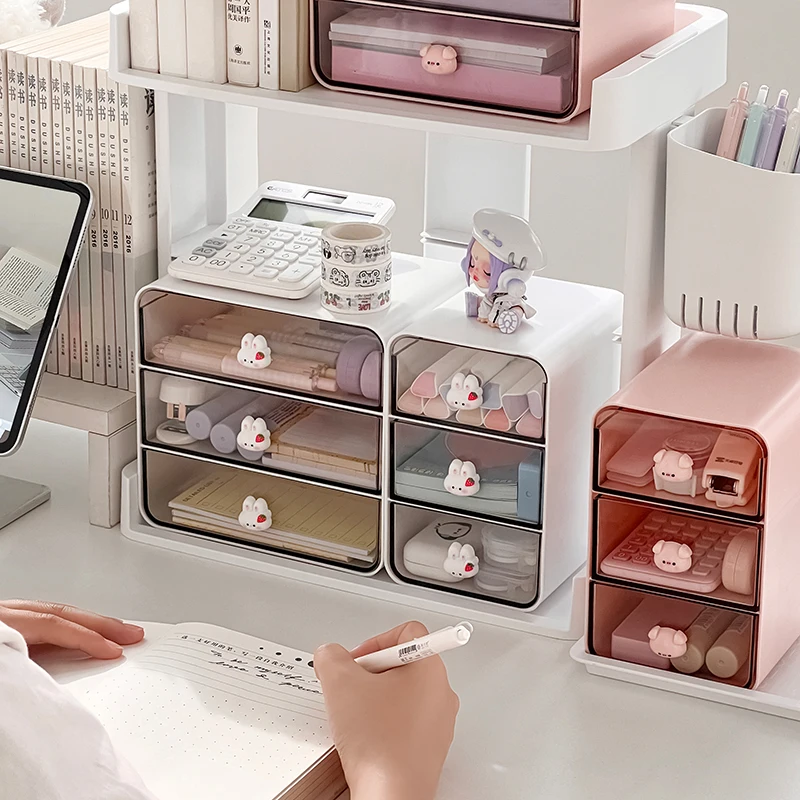 Cute Desktop Transparent Drawer Storage Box Student Desk Large Capacity Stationery Organizer Box Office Kawaii Bunny Storage Box