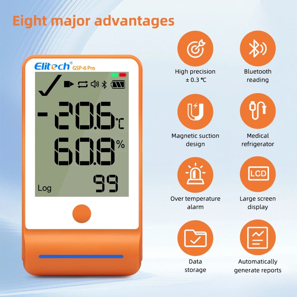 GSP-6PRO Bluetooth-Datenlogger für Temperatur und Luftfeuchtigkeit 100.000 Punkte, automatischer Bericht mit Alarm, Kühlschrank, Thermohygrometer-Recorder