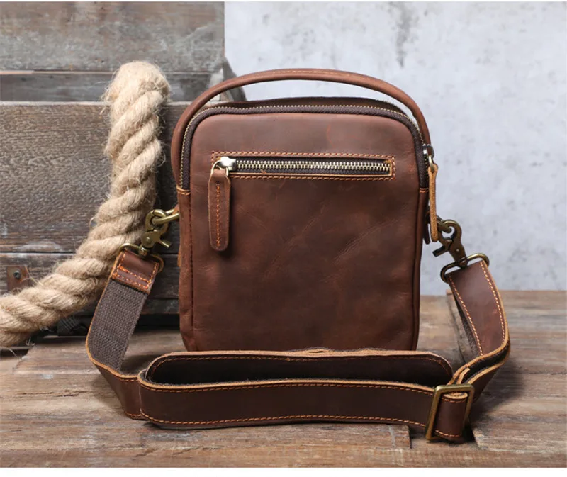 Petit sac messager en cuir véritable pour hommes, sac à bandoulière vintage, cuir naturel, cheval fou, décontracté, simple, quotidien, travail de