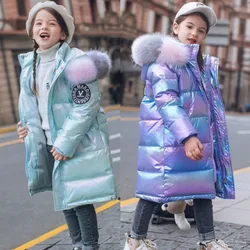 -30℃ Winter Teen Girls Jacket Glossy Long Waterproof Thick Warm Big Fur Collar Hooded Parka For 5-14Y Kids Down Cotton Overcoat