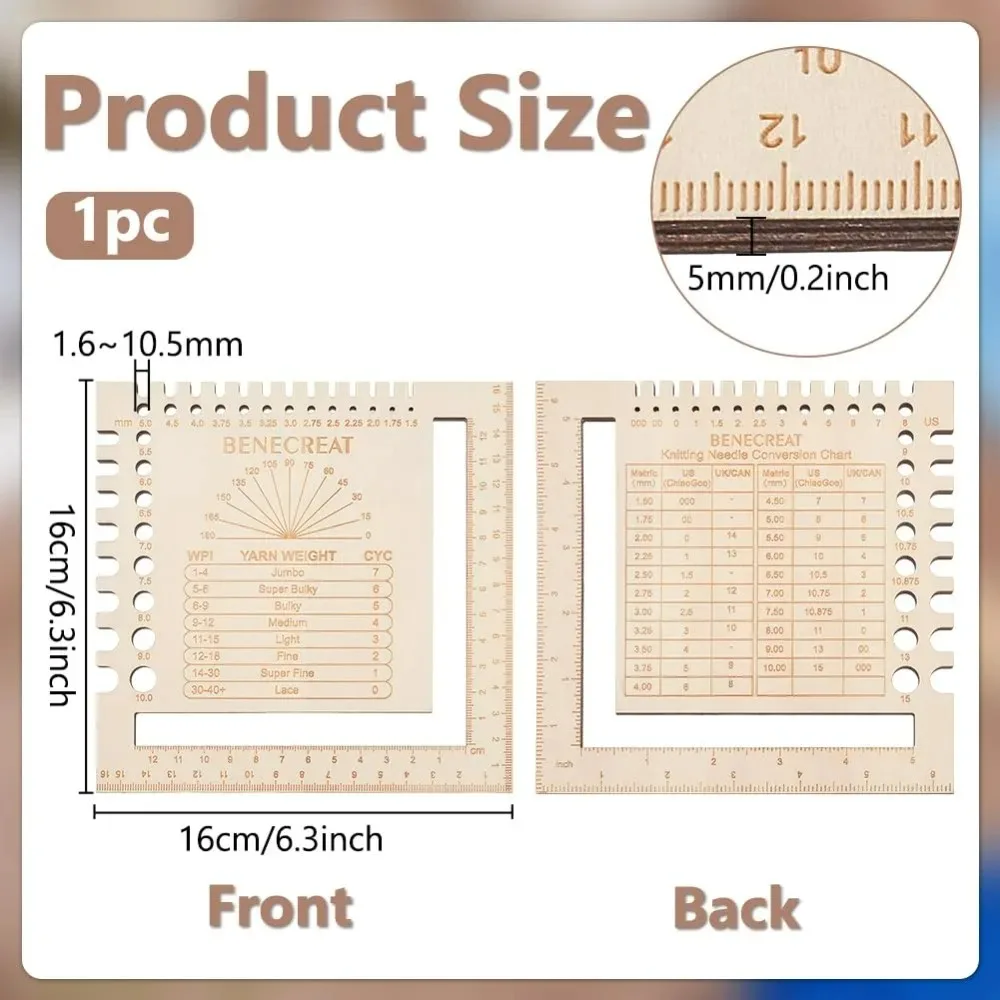 Knitting Needle Conversion Charts Square Wooden Double Sided Engraving Ruler Yarn Wrap Guide Board Knitting Tool for Spinners