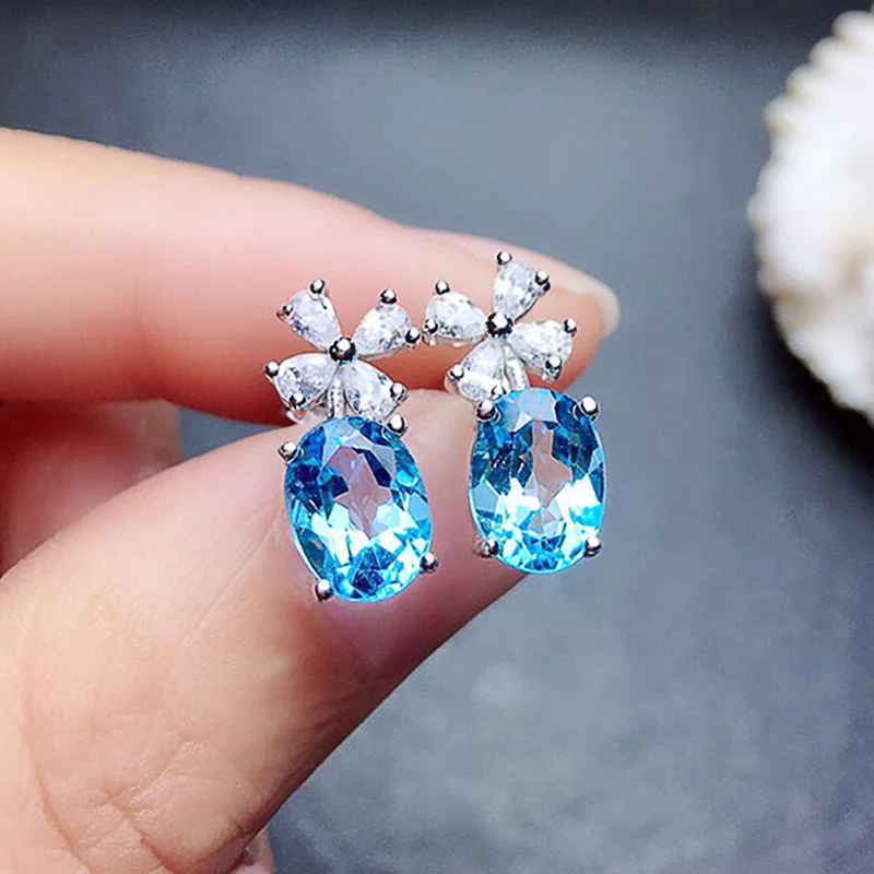 Huitan Fancy Sky Blue Stone Flower Earrings for Women Daily Wear Exquisite Girls Ear Accessories Birthday Gift Statement Jewelry