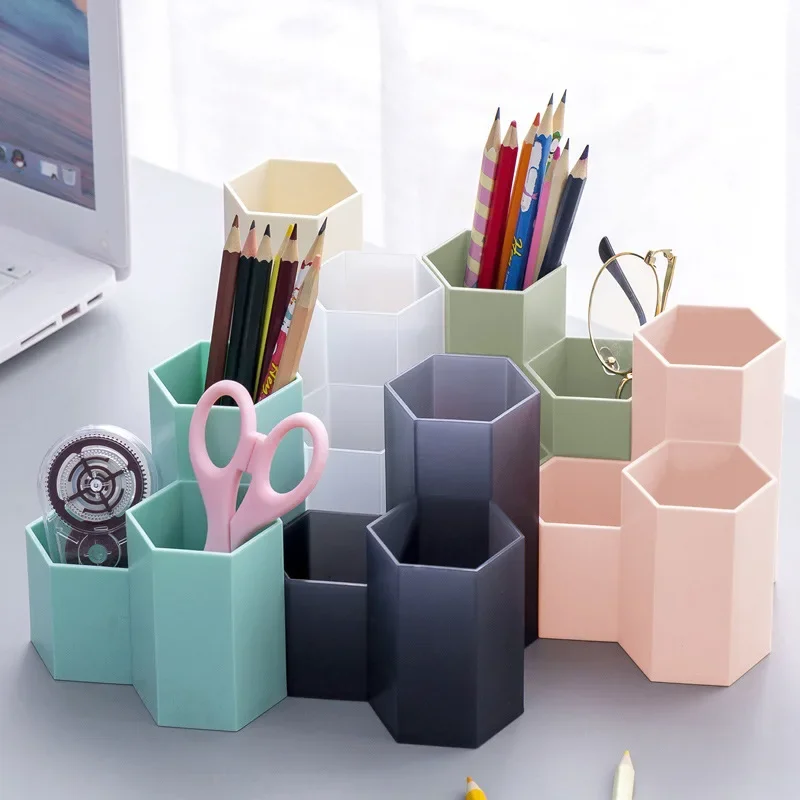 Cute Hexagonal Pen Holder Desk Pen Case Large Capacity Pencil Storage Box Desktop Organizer  School Office Stationery