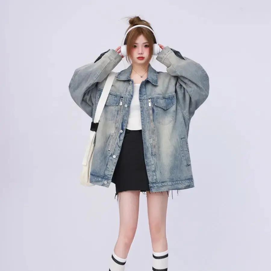 Denim Jacket With Shoulder Pads American Retro High-End Right-Shoulder Trendy Brand Women Spring And Autumn Design Niche Jacket