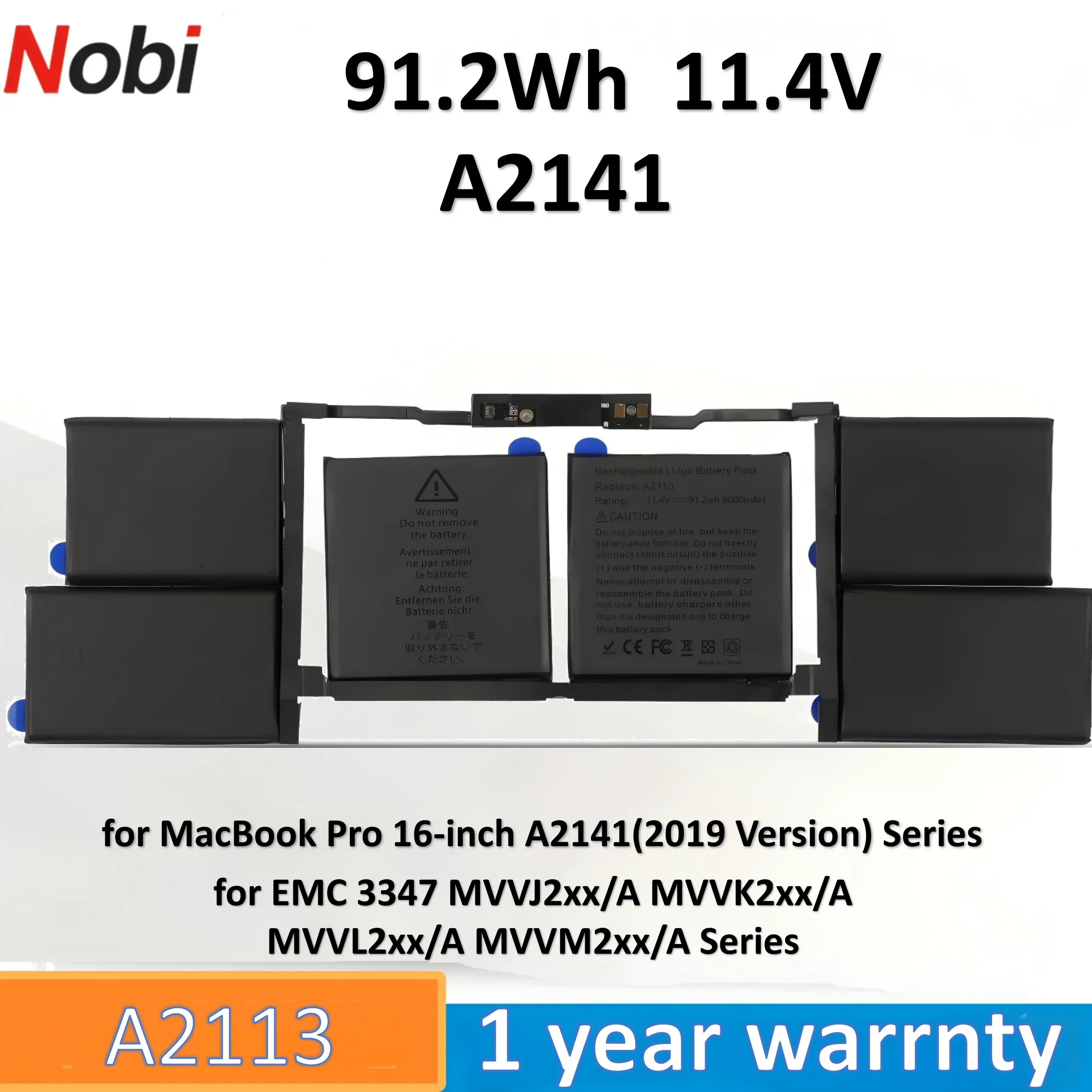 

Аккумулятор Nobi A2113 A2141 для ноутбука MacBook Pro 16 дюймов A2141 (версия 2019 года) EMC 3347 MVVJ2xx/A MVVK2xx/A MVVL2xx/A