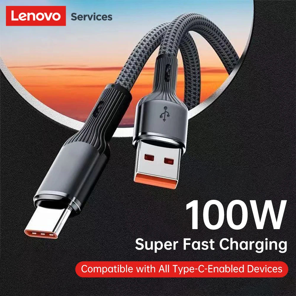كابل بيانات Lenovo 100W 6A سريع الشحن USB/Type C إلى Type C لهاتف Samsung Huawei Xiaomi OPPO سلك نقل البيانات عالي السرعة