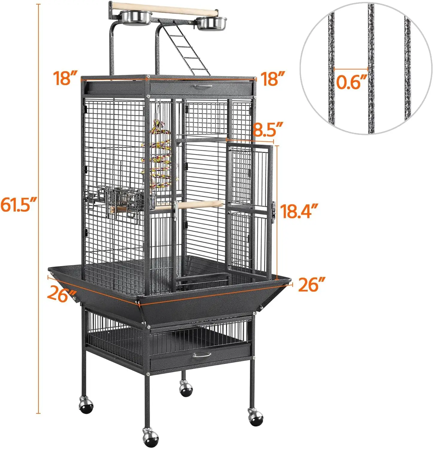 61-inch Playtop Wrought Iron Large Parrot Bird Cages with Rolling Stand for Parrot Quaker Parakeet Lovebird Finch Canary