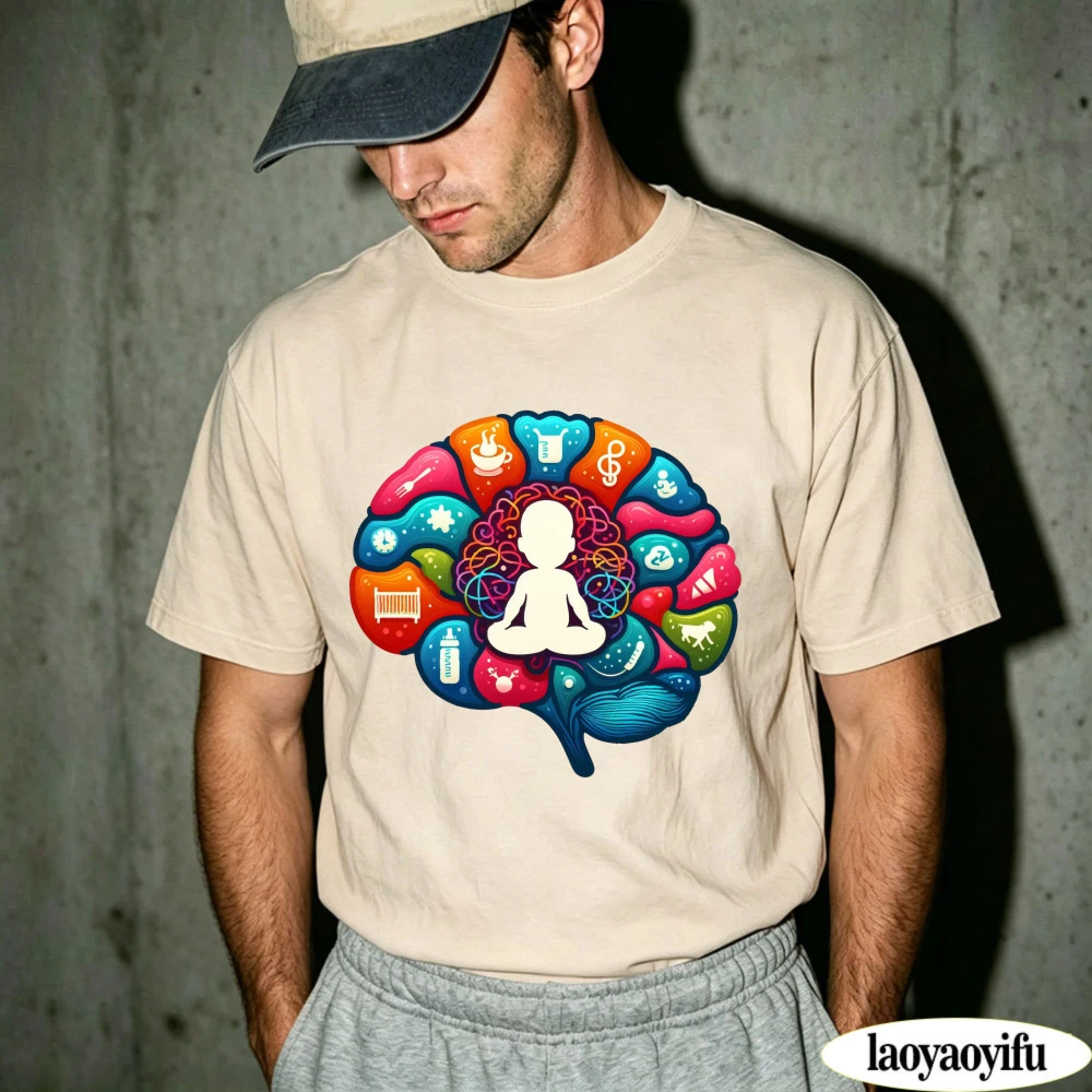 

Baby Meditation Brain T Shirt Colorful Childhood Element Graphic Casual Tee for Men New Dad Parent Quote Gift Streetwear Tops