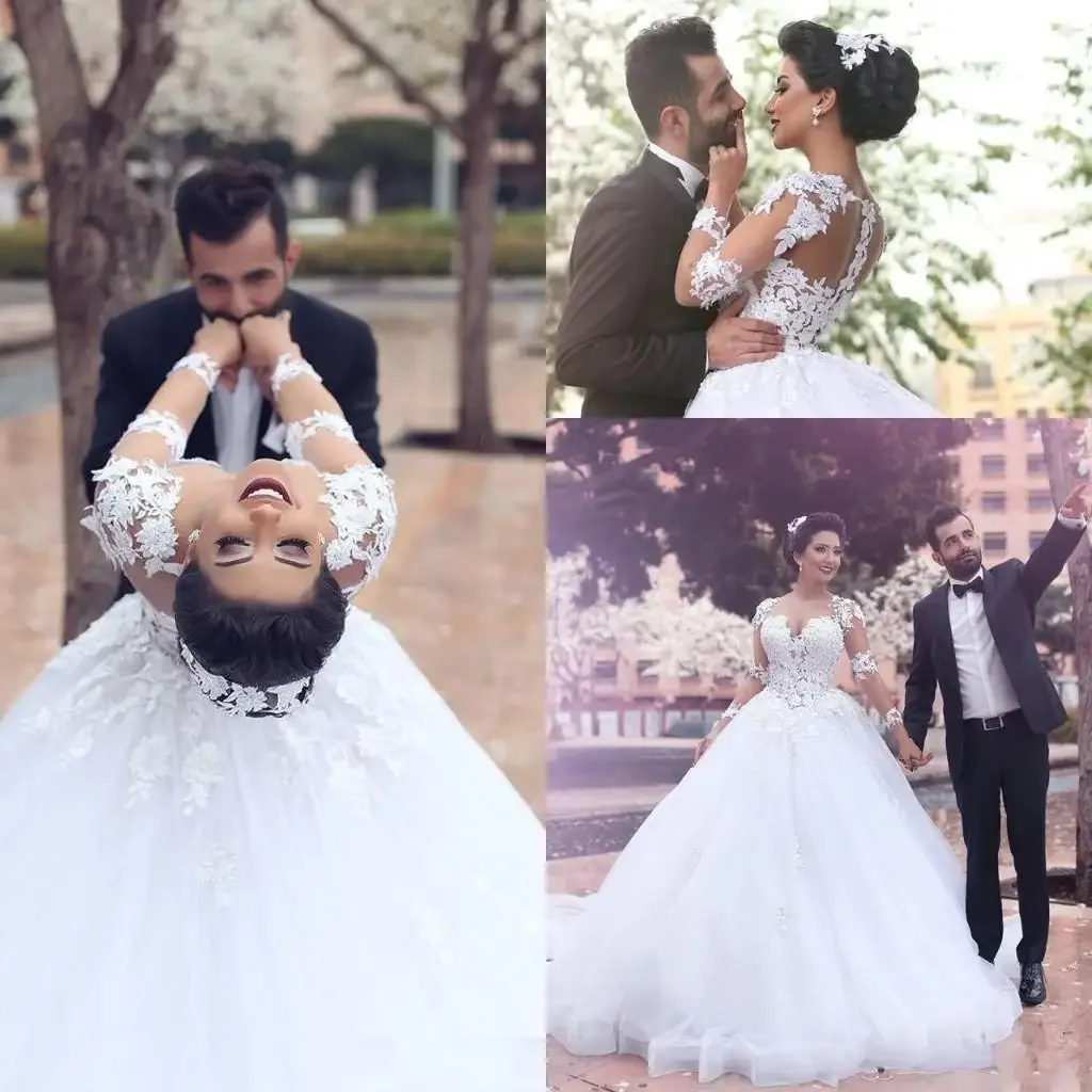 

Customized Middle East Arabic Wedding Dresses Ball White Tulle Lace Appliques Illusion Long Sleeves Custom Made Bridal Gowns 20