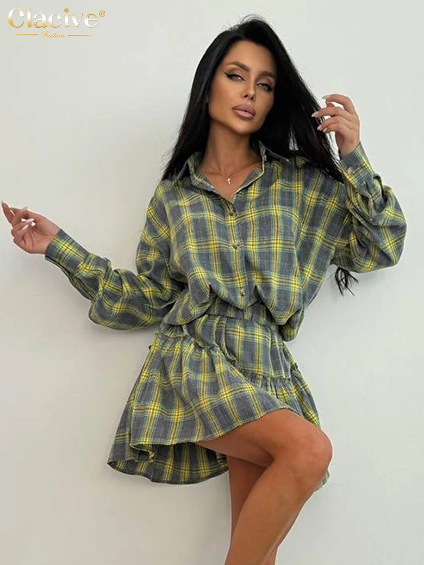 Clacive Fashion Loose Plaid 2 Piece Sets Women Outfit 2024 Elegant Long Sleeve Shirt With High Waist Ruffle Mini Skirts Set