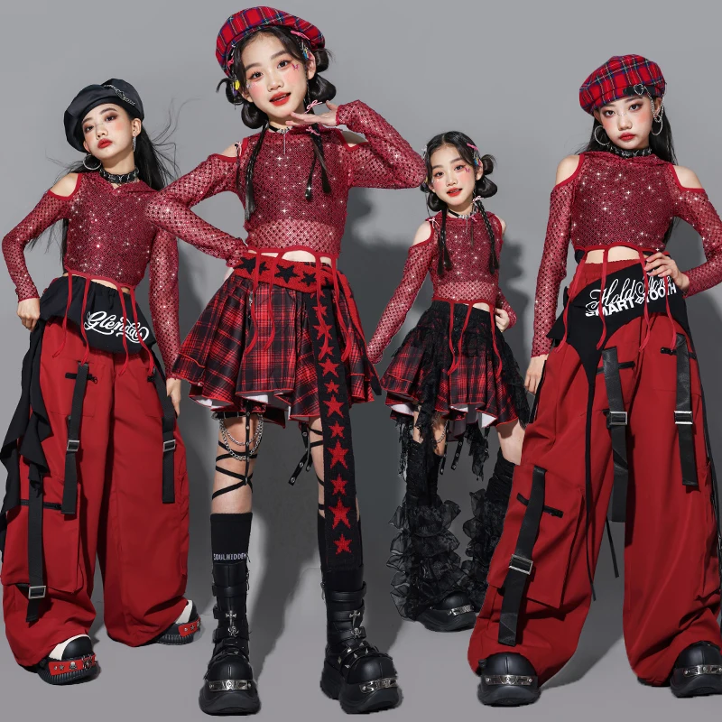 

Укороченные топы с блестками в стиле хип-хоп для девочек ‌ Юбки для уличных танцев, брюки-карго, детская уличная одежда, джоггеры, детский комплект групповой одежды для девочек K-pop