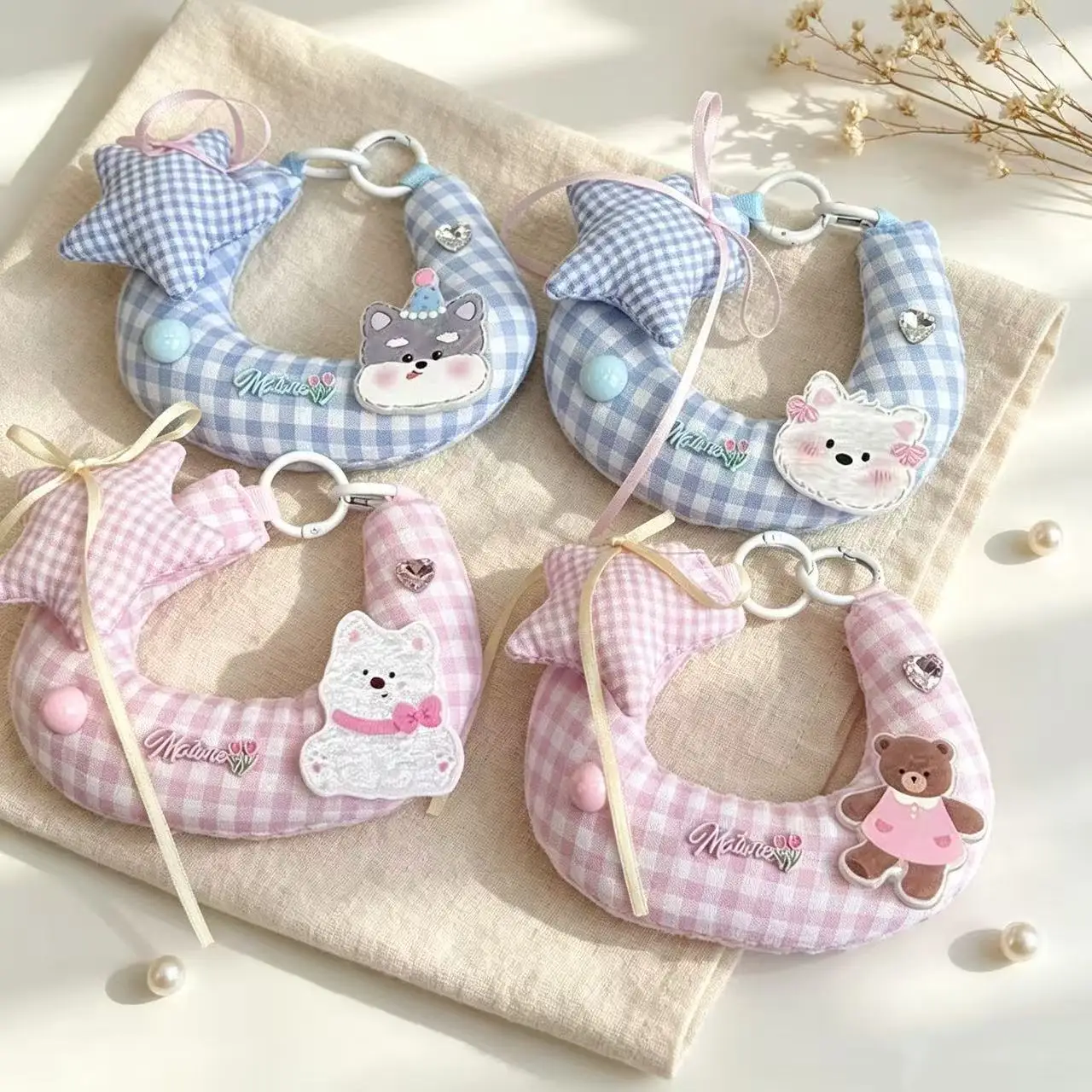 Korean-style New Cartoon Ins Pink and Blue Checkered Phone Pendant Sweet and Cute for Girls Versatile and Portable Keychain Gift