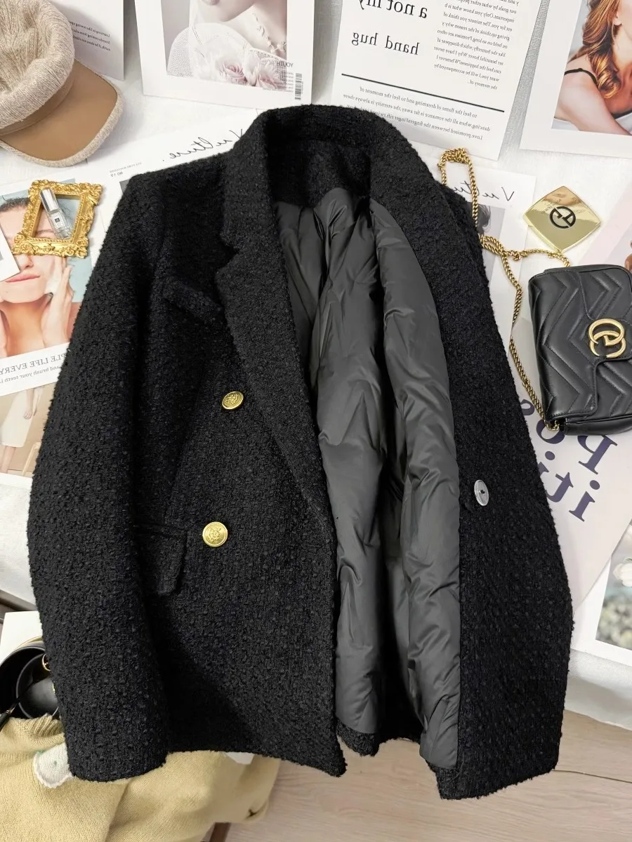 เสื้อเบลเซอร์ผู้หญิงสไตล์โกธิคสีดำ ผ้าทวีด แขนยาว หรูหรา สไตล์วินเทจ กระดุมแถวเดียว ทรงสูท ยุค Y2K อีโม ยุค 2000 ฤดูใบไม้ร่วง 2025