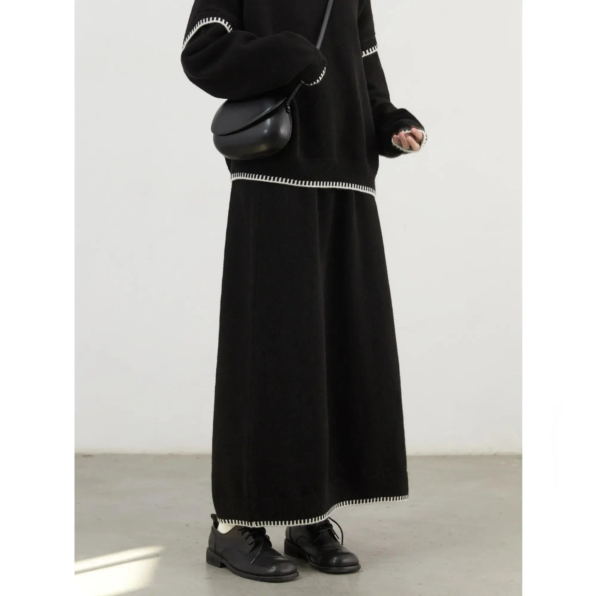 UMI MAO Women Sweater Loose Round Neck Pullover A Line Dress Sets New Contrasting Edge Knitted Skirt Set Autumn Winter