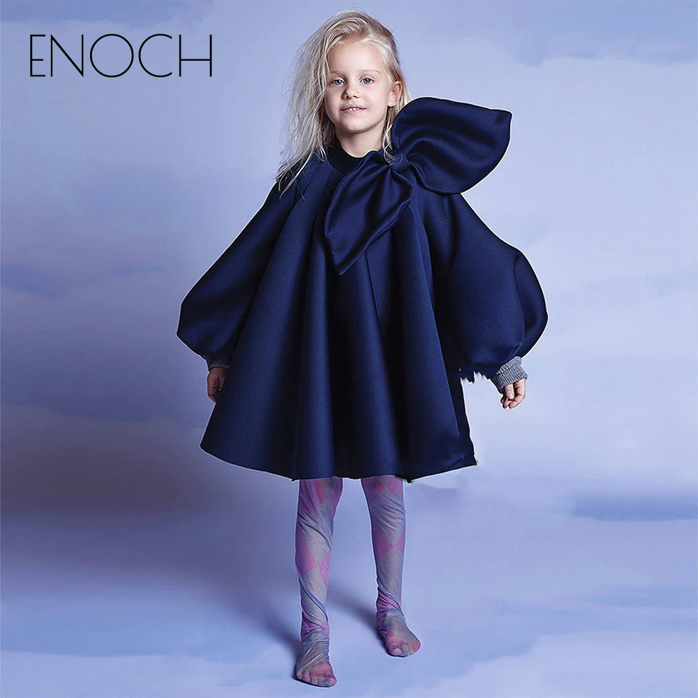 ENOCH carino collo alto Flower Girl abiti lunghi con fiocco sulla spalla bambino bambini compleanno vestito lanterna ragazze abiti personalizzati estate nuovo