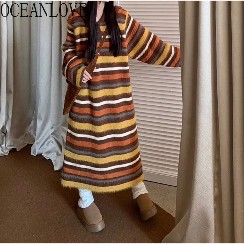 OCEANLOVE Knitted Hooded Long Dresses Stripes Autumn Winter Thick Warm Vestidos Mujer Korean Fashion Contrast Color Women Dress