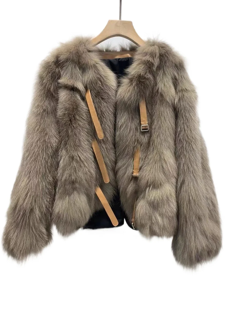 

New Fox Fur Coat Women's Fashion Young Round Neck Lace-up Coat