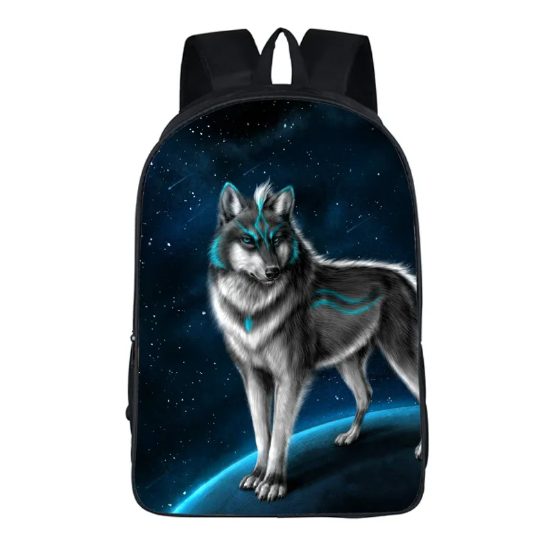 Mochila escolar con patrón de lobo para estudiantes, morral creativo de poliéster, con reducción de carga, para escuela primaria y portátil