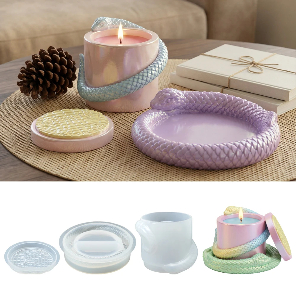 S0293 3D Coiled Snake Epoxy Jar Mold with Coaster Lid DIY Plaster Concrete Candlesticks Pen Holder Moule Silicone Pour Resine