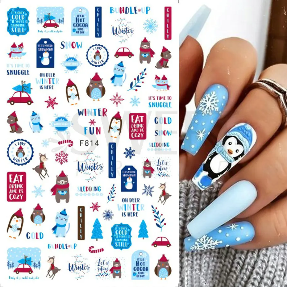 Blue Christmas Nail Art Stickers 3D Fir Elk Mountain Snowflake Holly Animal Winter Xmas Design Manicure Slider Decoration BEF812