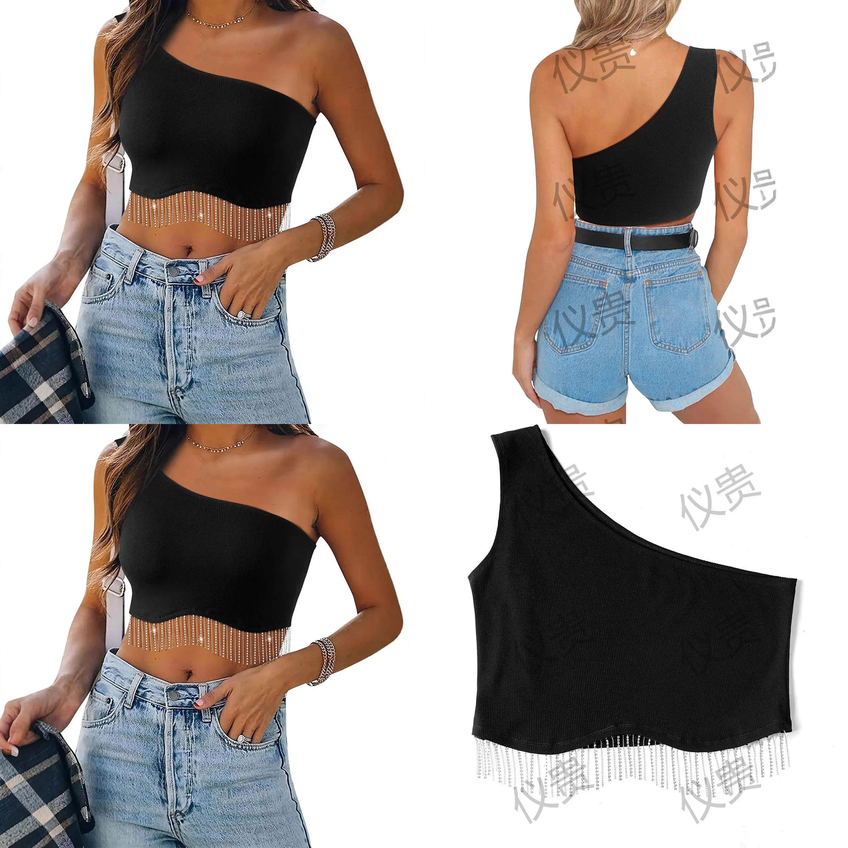 Sexy Women Tee Top Rhinestone Fringe Solid Bodycon Crop Top Asymmetric Single Shoulder Sleeveless Blouse Tops