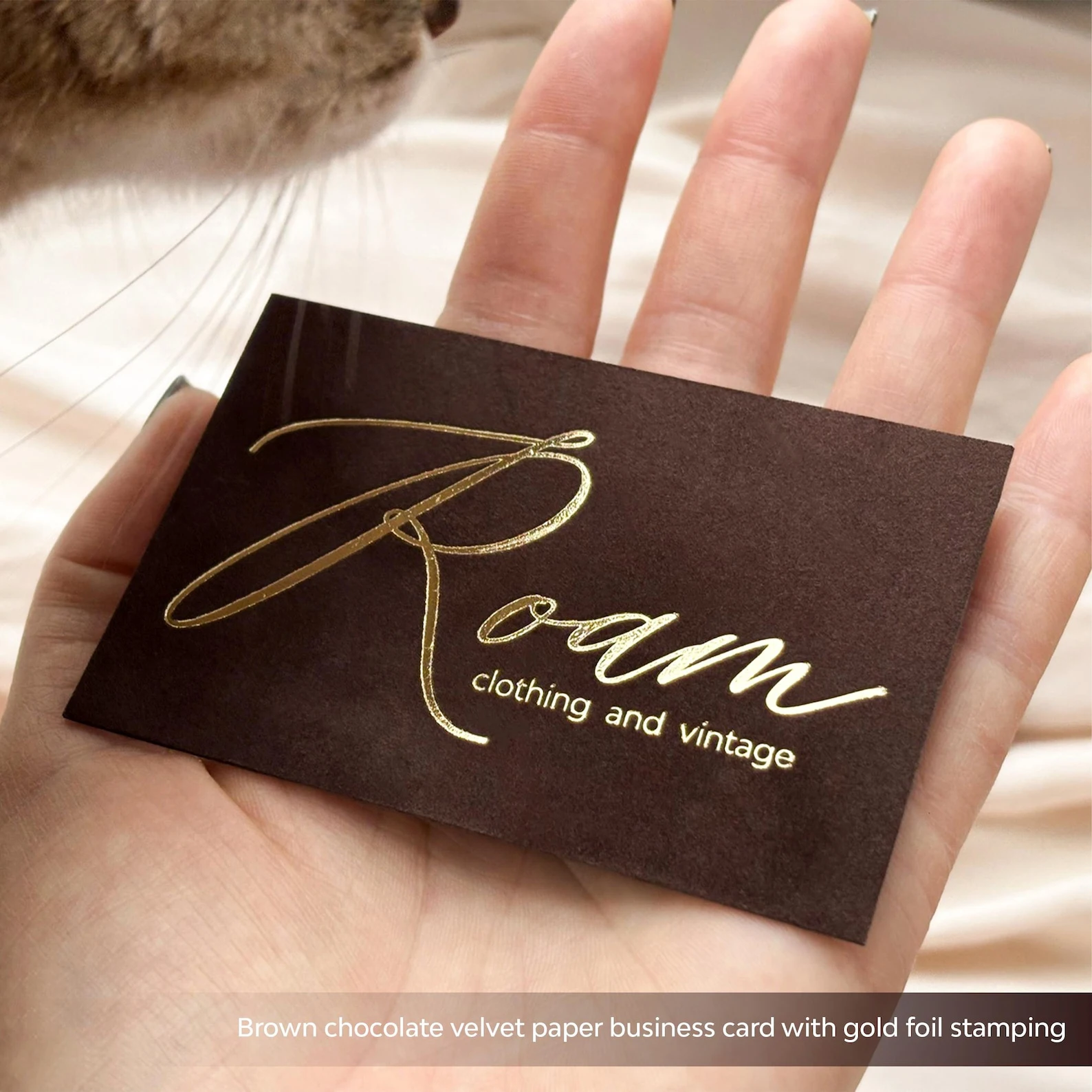 Chocolate Velvet Business Cards, Gold Foil Stamping, Tactile Stationery, Custom Design