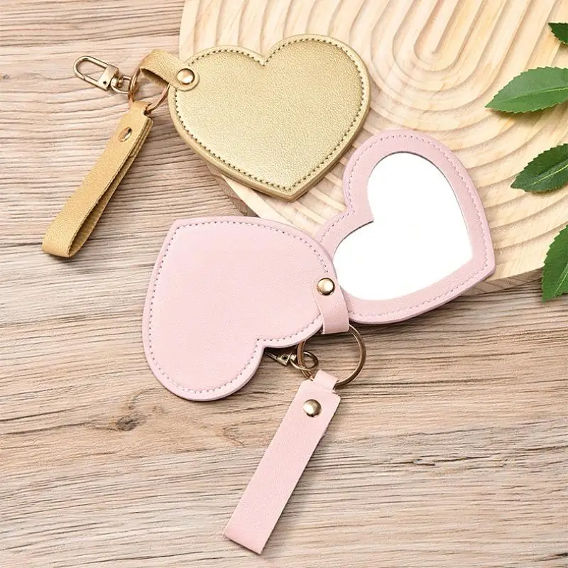 Creative PU Leather Keychain Backpack Hangings Car Keyring Portable Women Heart Shape Makeup Mirror Keyring Cute Small Accessory