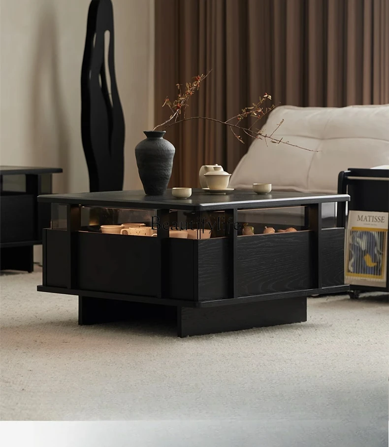

*Luminous coffee table high-end art black minimalist solid wood rock slab countertop square floor with drawer