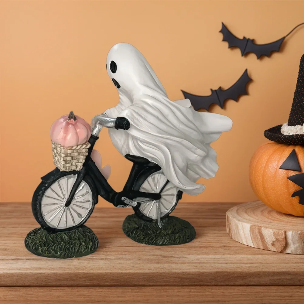 

Ghost Bike Rider with Pink Pumpkin Halloween Ghost Bicycle Rider Figurine Mini Cartoon Ghost Bicycle Rider