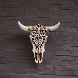 Retro Bull Skull Ornaments 3D Hollow Animal Sculpture Resin Longhorn Cow Head Crafts Wall Hanging Decoration Home Decor Figurine
