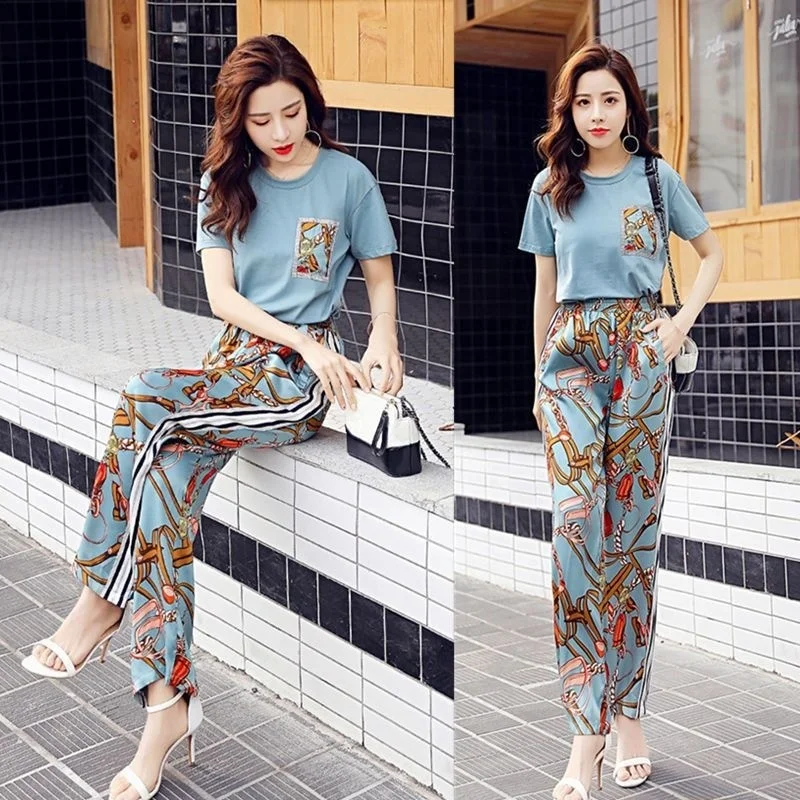 Garnitur damski 2024 Summer New Korean Style Short Sleeve Tops Fashion Wide Leg Pants 2 Two Piece Set Casual Plus Size Female Outfits