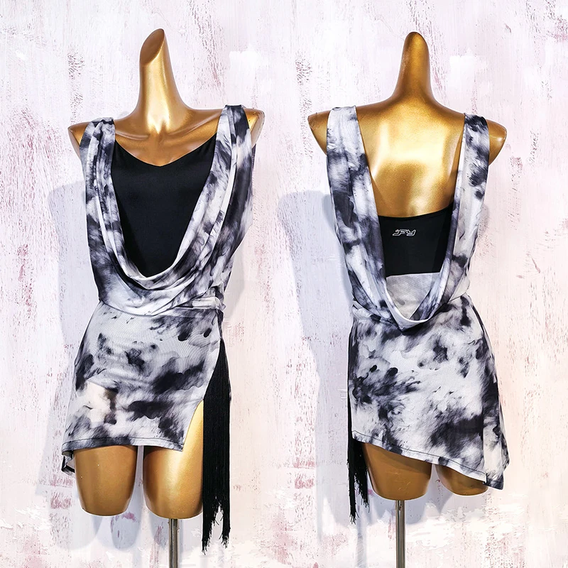 2026 Adult Latin Dance Clothes Women Sleeveless Cowl Neck Fringe Dress Rumba Chacha Dancing Training Wear Latin Dancewear 5876