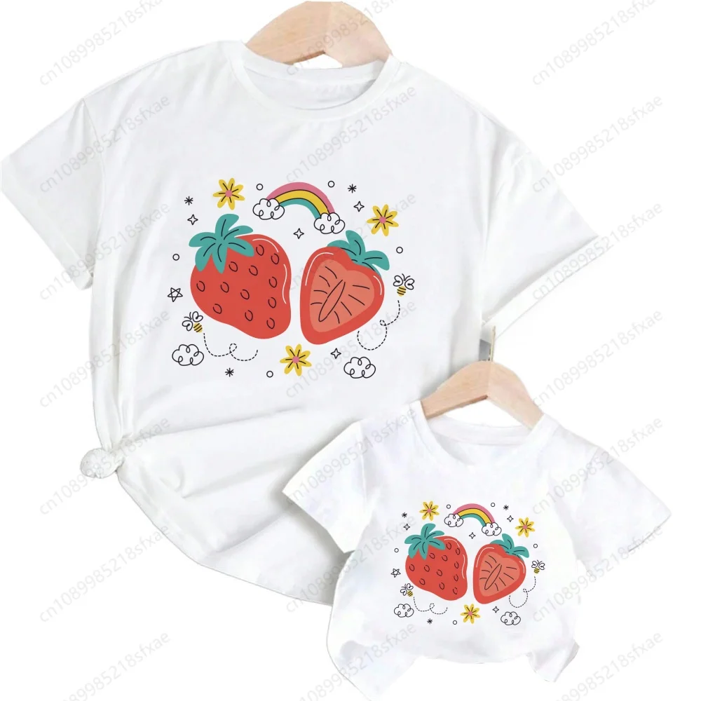 Boy Tshirt Cartoon Strawberry Cute Print Girl Shirts Children Comfortable O-Neck Tshirt Short Sleeve Girl Boy White Frog Clothes