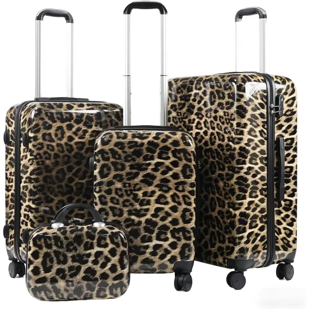 

Dual Rotating Wheels Hardshell Luggage Set - 4 Pieces in Leopard Print (14, 20, 24, 28)