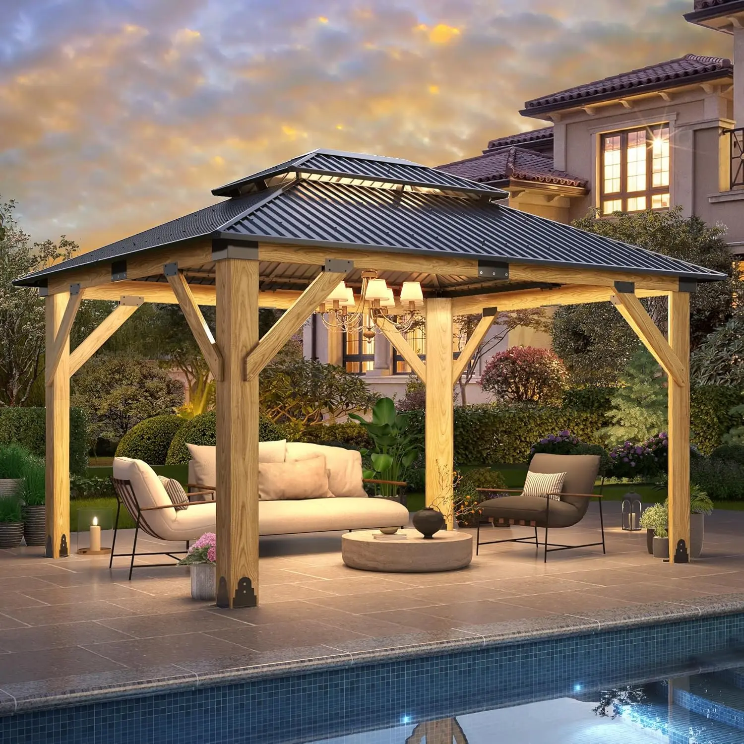 

11x13FT Wood Hardtop Gazebo Galvanized Steel Double Roof Garden Patio Deck Backyard, Customized