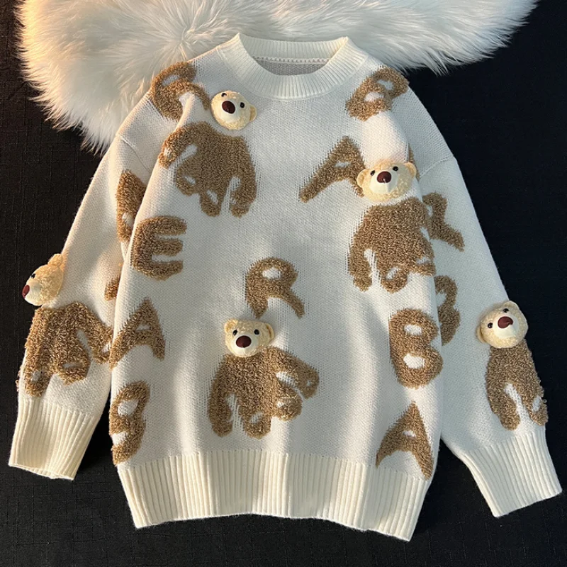 3D Bear Head Pendant Fleece Embroidery Oversized Sweaters Men Women Hip Hop Streetwear Winter Knitted Tops Korean Kawaii Clothes