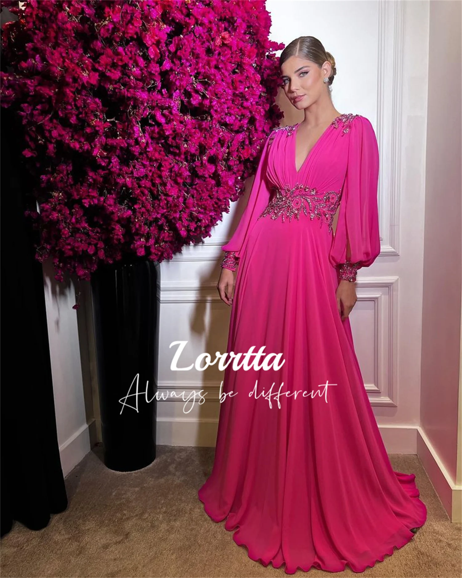 

Lorrtta Burgundy Chiffon Ball Gown Puff Sleeves V-neck A-line Pleated Appliqué Party Dress Vestidos De Gala 2023 Vestido Noche