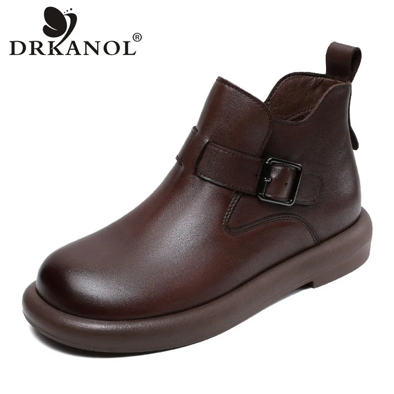 DRKANOL Fashion Women Boots 2024 Autumn Winter Warm Shoes Round Toe Genuine Cow Leather Flat Heel Soft Trend Casual Ankle Boots