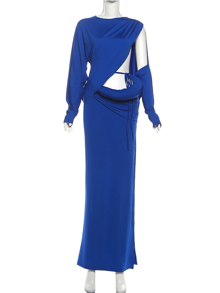 فساتين طويلة من Sisterlinda للسيدات بتصميم مجوف غير منتظم على طراز الخريف ورقبة دائرية وأكمام طويلة للإجازات فساتين أنيقة #6