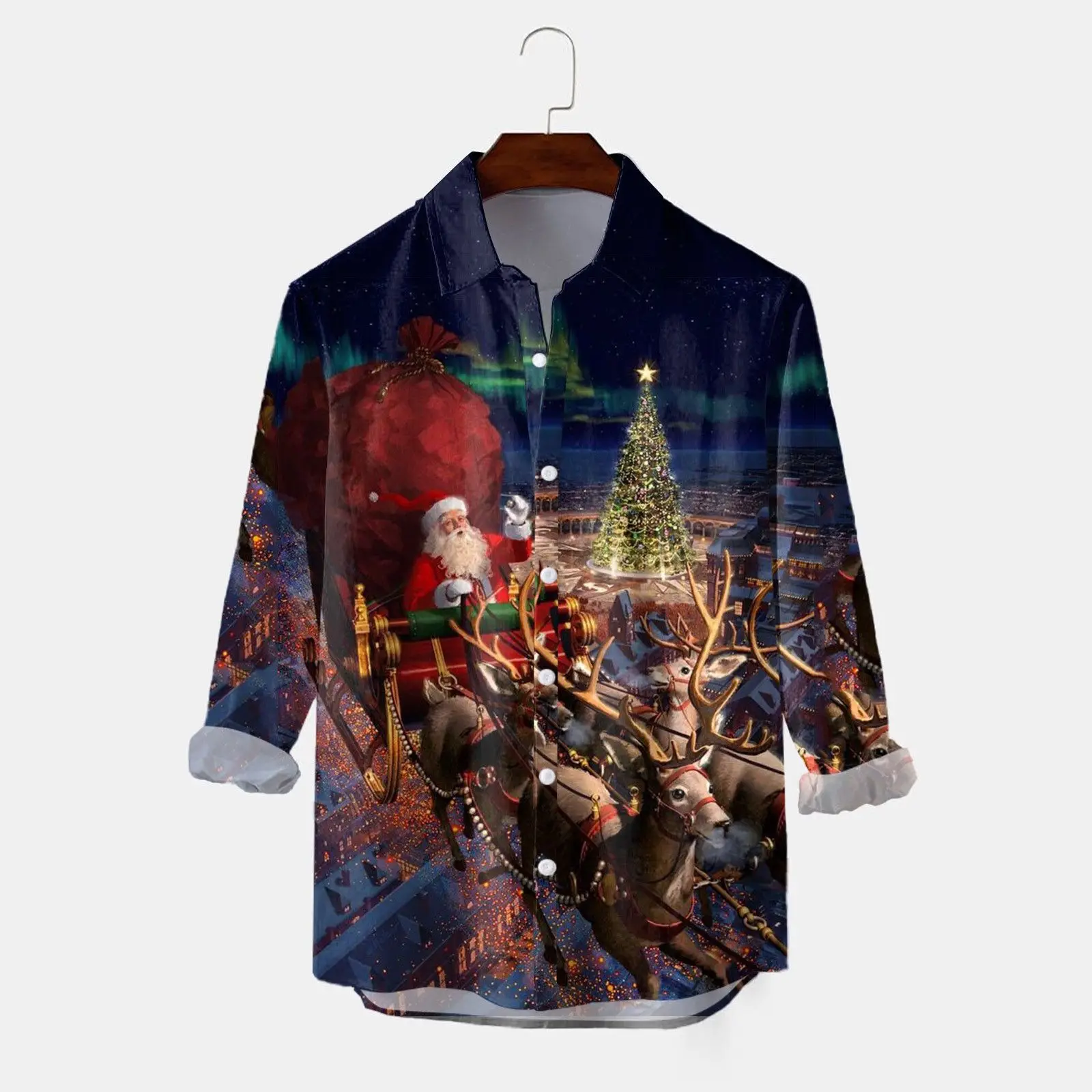 

New Christmas pattern men's luxurious 3D digital printed fashionable long sleeved shirt plus size men's fashionable casual stree